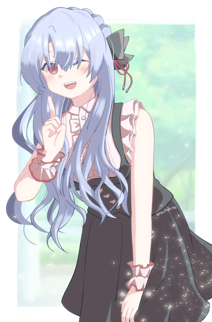 1girl, ;d, absurdres, alternate_costume, alternate_hairstyle, black_bow, black_skirt, blue_hair, blurry, blurry_background, blush, border, bow, braid, buttons, center_frills, collared_shirt, commentary, crown_braid, feet_out_of_frame, frilled_shirt, frilled_wrist_cuffs, frills, hair_bow, hair_ribbon, hand_up, happy, heart_button, high-waist_skirt, highres, inashiso_(nonsugar), index_finger_raised, jirai_kei, leaning_forward, light_particles, long_hair, long_skirt, looking_at_viewer, one_eye_closed, open_mouth, outside_border, pink_shirt, pink_wrist_cuffs, red_eyes, red_ribbon, ribbon, shirt, simple_background, skirt, sleeveless, sleeveless_shirt, smile, solo, sorakado_ao, standing, summer_pockets, teeth, upper_teeth_only, white_border, wrist_cuffs