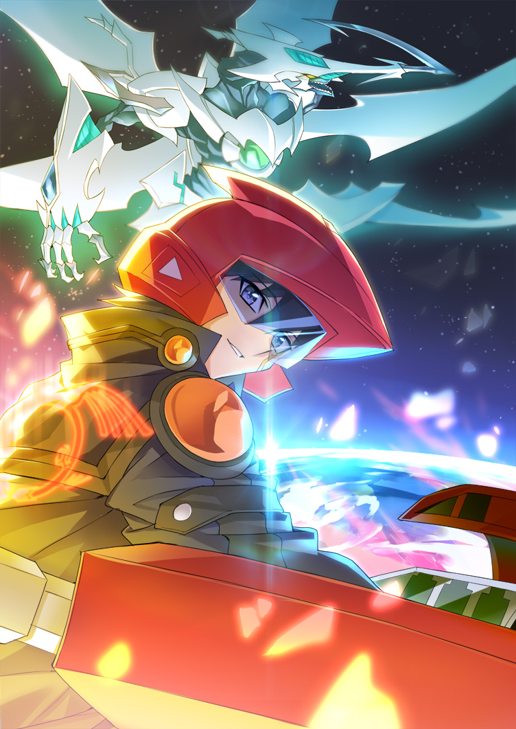 1boy, black_hair, blue_jacket, d-wheel, dragon, duel_disk, earth_(planet), facial_mark, from_side, fudo_yusei, glowing, helmet, jacket, looking_at_viewer, male_focus, motor_vehicle, motorcycle, open_mouth, parted_lips, planet, red_helmet, riding, shooting_quasar_dragon, smile, space, tsuezu, upper_body, violet_eyes, yu-gi-oh!, yu-gi-oh!_5d's