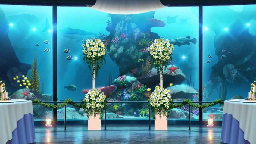aquarium, bass_(fish), bouquet, candle, column, coral, fish, floor_light