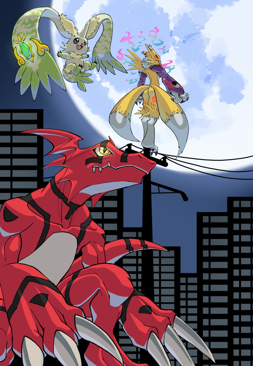 absurdres, body_fur, building, digimon, digimon_(creature), digimon_tamers, dragon, full_moon