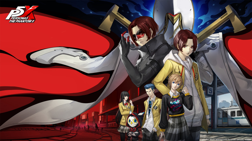 2boys, 2girls, animal, arai_motoha, artist_request, bird, black_hair, black_jacket, black_pantyhose, blonde_hair, collared_shirt, copyright_name, dual_persona, grey_pants, grey_skirt, hands_in_pockets, highres, hood, hood_down, hoodie, jacket, janosik_(persona), kamishiro_nagisa, kanou_shun, long_hair, long_sleeves, looking_at_viewer, lufel_(p5x), multiple_boys, multiple_girls, official_art, open_clothes, open_jacket, owl, pants, pantyhose, persona, persona_5, persona_5:_the_phantom_x, plaid_clothes, plaid_skirt, red_eyes, red_hair, school_uniform, shirt, skirt, tanemura_riko, third-party_source, white_hoodie, white_shirt, wonder_(p5x), yellow_jacket