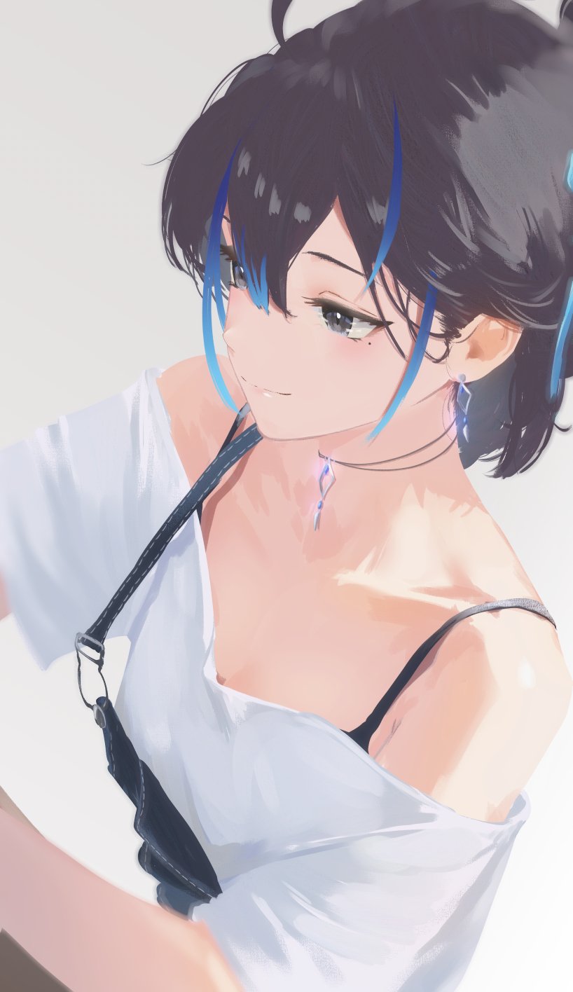 1girl, bare_shoulders, black_hair, blue_hair, cohi27151463, collarbone, earrings, grey_background, grey_eyes, hair_between_eyes, highres, indie_virtual_youtuber, jewelry, mole, mole_under_eye, multicolored_hair, necklace, off_shoulder, shirt, short_hair, simple_background, smile, solo, spaghetti_strap, streaked_hair, suspenders, upper_body, virtual_youtuber, white_background, white_shirt, yubari_rei