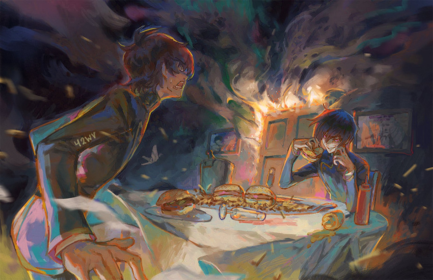 2boys, ashford_academy_school_uniform, black_hair, black_jacket, brown_hair, bucket, burger, champagne_flute, charles_zi_britannia, code_geass, commentary, cup, drinking_glass, embers, english_commentary, evil_grin, evil_smile, fire, food, french_fries, grin, highres, holding, holding_burger, holding_food, indoors, jacket, ketchup, ketchup_bottle, kururugi_suzaku, lelouch_vi_britannia, long_sleeves, looking_at_another, male_focus, meme, multiple_boys, mustard, open_mouth, painting_(object), parody, picture_frame, scene_reference, school_uniform, shinigami_wyvern, short_hair, smile, smoke, steamed_hams_(meme), sweat, the_simpsons, violet_eyes