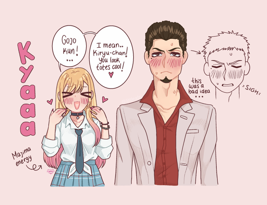 1boy, 1girl, artist_name, blonde_hair, blue_necktie, blue_skirt, blush, bracelet