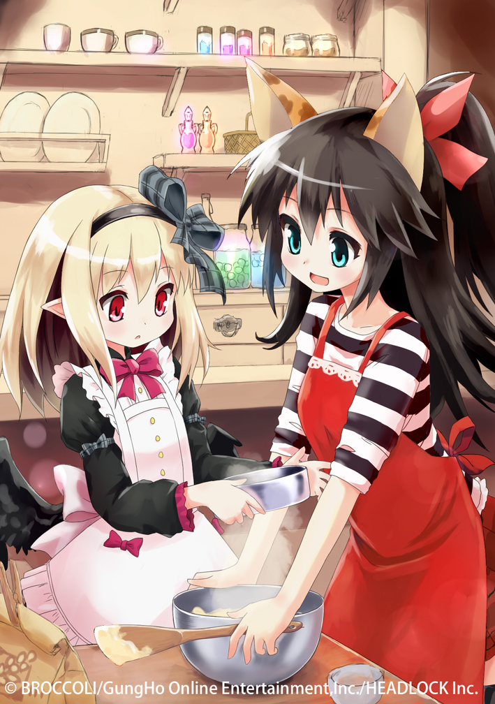 2girls, apron, balulu_alma, black_hair, black_ribbon, blonde_hair, blue_eyes, cooking