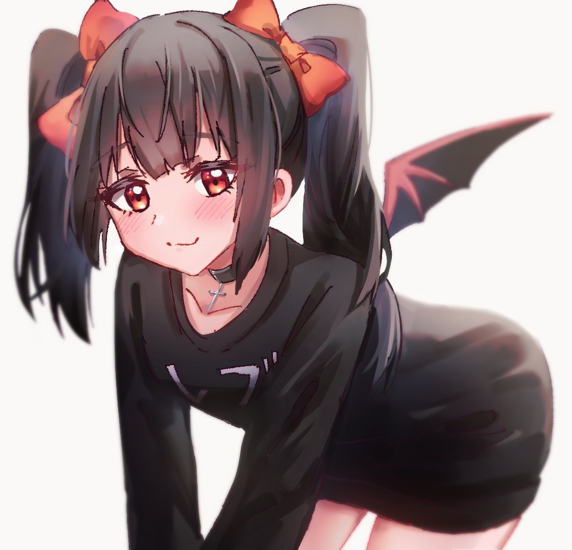 1girl, bat_wings, black_dress, black_hair, black_sweater, blush, breasts, choker