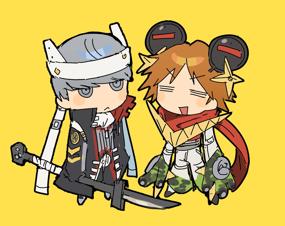 2boys, =_=, antennae, brown_hair, cosplay, grey_hair, hanamura_yousuke, izanagi_(persona_4), izanagi_(persona_4)_(cosplay), jacket, jiraiya_(persona_4), jiraiya_(persona_4)_(cosplay), male_focus, multiple_boys, narukami_yu, nt_26, persona, persona_4, red_scarf, scarf, sword, weapon, yellow_background