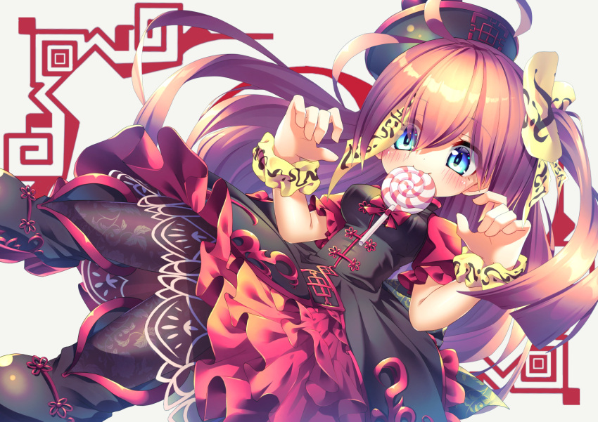 1girl, ahoge, black_boots, black_pantyhose, boots, breasts, candy, dress