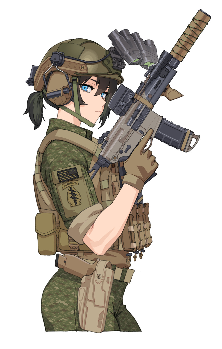 1girl, absurdres, ammunition_pouch, assault_rifle, black_hair, blue_eyes, brown_gloves, bulletproof_vest