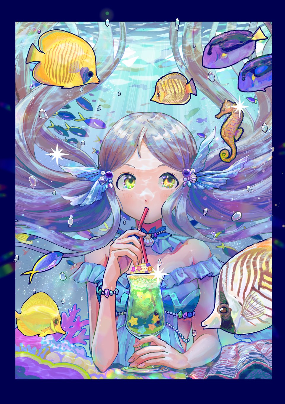 1girl, aqua_dress, blonde_hair, blue_border, border, bubble, cartoon_logic, coral, cream_soda, cup, detached_collar, dress, drink, drinking, drinking_glass, drinking_straw, fish, floating_hair, frills, green_eyes, handa_roco, highres, hurricane_glass, idolmaster, idolmaster_million_live!, idolmaster_million_live!_theater_days, light_rays, looking_up, official_alternate_costume, pekupom, school_of_fish, seahorse, solo, sparkle, sunbeam, sunlight, swept_bangs, tropical_fish, twintails, underwater