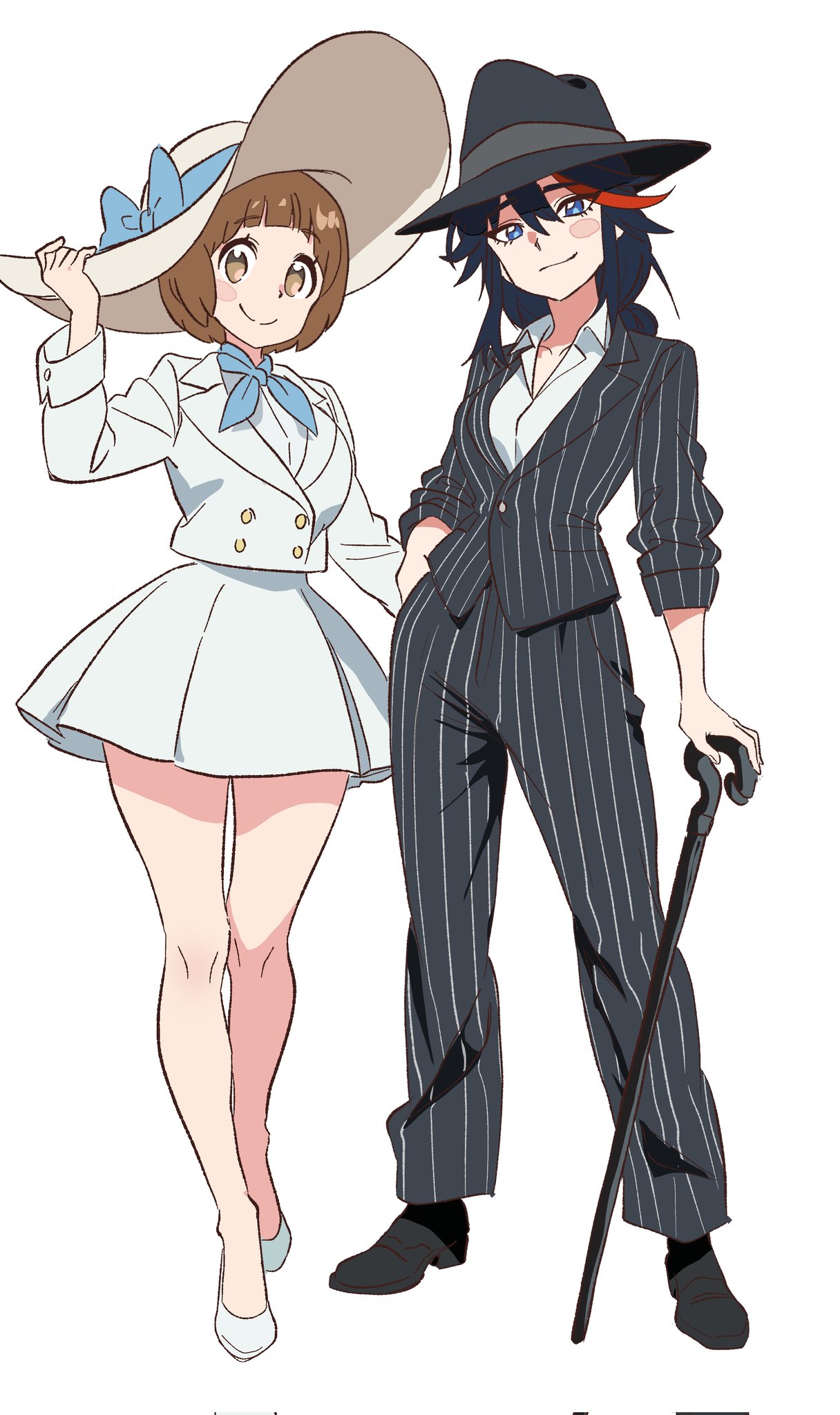 2girls, black_hair, black_shoes, black_suit, blue_bow, blue_eyes, blue_ribbon, blush