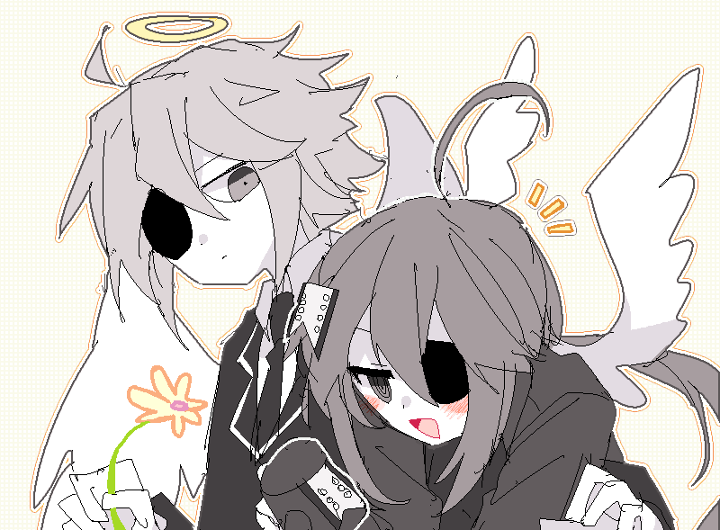 1boy, 1girl, ahoge, alela_grora_(funamusea), black_jacket, black_necktie, blush, closed_mouth, collared_shirt, colored_skin, dot_nose, expressionless, eyepatch, flower, funamusea, grey_eyes, grey_hair, grey_jacket, haiiro_teien, hair_ornament, hair_over_eyes, hairclip, halo, hand_up, happy, holding, holding_flower, jacket, kakketsu, looking_at_another, looking_down, low_ponytail, medium_hair, necktie, nose, on_shoulder, open_mouth, pixel_art, ponytail, shirt, short_hair, sidelocks, simple_background, spiky_hair, v-shaped_eyebrows, white_skin, white_wings, wings, wodahs_(funamusea), yellow_flower, yellow_halo