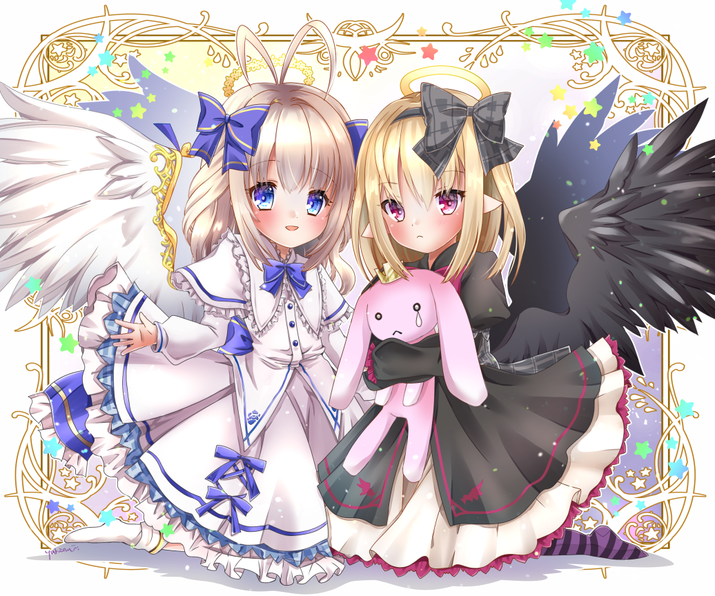 2girls, ahoge, angel_feather_alma, black_dress, black_ribbon, black_wings, blonde_hair, blue_eyes