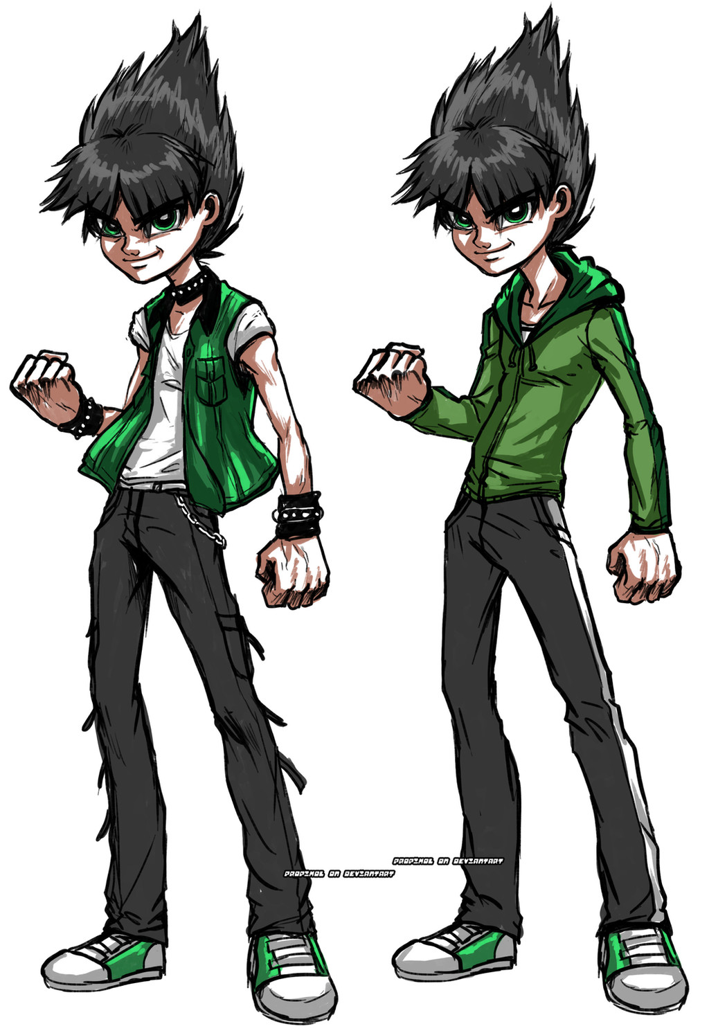 1boy, alternate_costume, black_hair, black_pants, blunt_bangs, butch_(ppg), green_eyes, green_hoodie, green_shoes, green_vest, highres, hood, hoodie, looking_at_viewer, male_focus, pants, parted_bangs, powerpuff_girls, propimol, shirt, shoes, sneakers, solo, spiky_hair, standing, vest, white_background, white_shirt, white_shoes