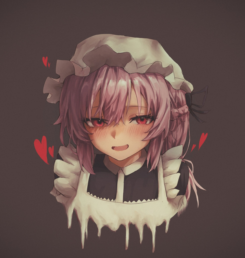 1girl, apron, black_ribbon, black_shirt, black_souls, black_souls_2, blush, braid, collared_shirt, dripping, frilled_sleeves, frills, grey_background, hair_over_eyes, happy, highres, looking_at_viewer, maid_apron, maid_headdress, medium_hair, nose, open_mouth, pink_hair, red_eyes, ribbon, shirt, side_braid, sidelocks, simple_background, smile, solo, victoria_(black_souls), wrangelina