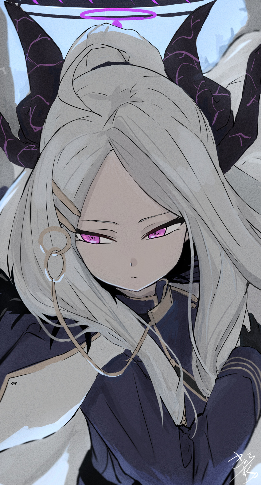 absurdres, ahoge, black_coat, black_gloves, black_halo, blue_archive, coat, coat_on_shoulders