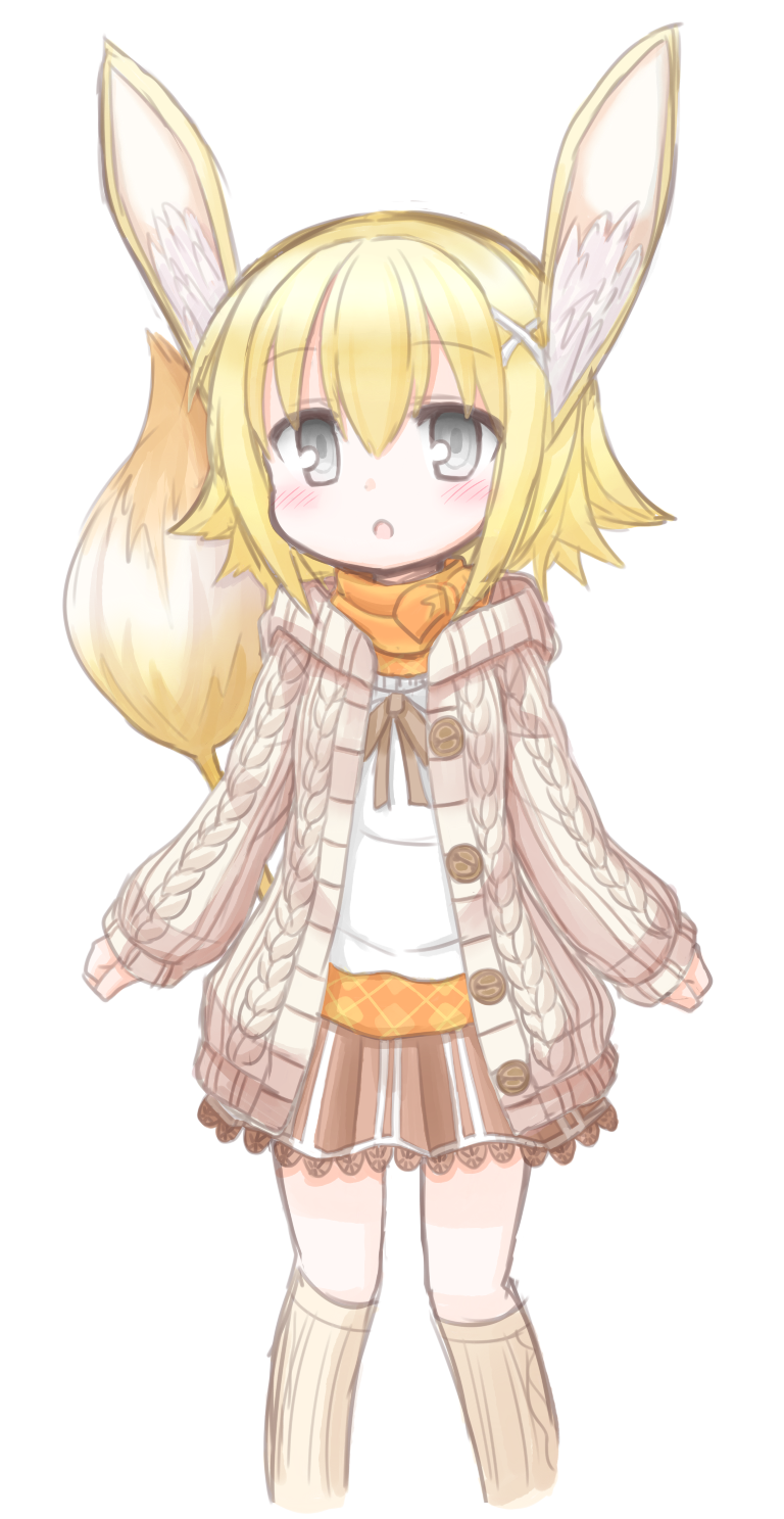 1girl, animal_ears, black_eyes, blonde_hair, emil_chronicle_online, frr_(akf-hs), highres, open_clothes, open_mouth, sandrat_alma, skirt, standing, sweater, tail, thigh-highs, white_background