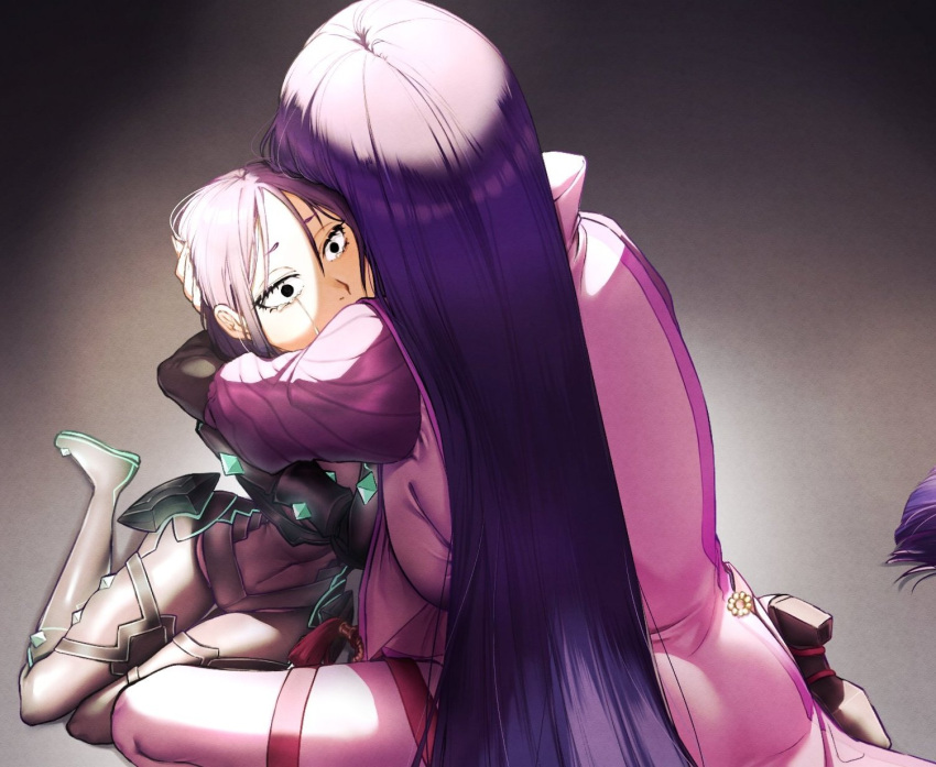 2girls, bodysuit, crying, crying_with_eyes_open, dual_persona, fate/grand_order, fate/samurai_remnant, fate_(series), hair_between_eyes, high_heels, highres, hiyayaako, hug, long_hair, minamoto_no_raikou_(fate), multiple_girls, neon_trim, purple_hair, short_hair, simple_background, single_tear, tears, ushi_gozen_(avenger)_(fate), ushi_gozen_(fate)