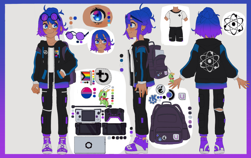 1girl, absurdres, ametrine_(bazzite), atom, backpack, bag, bisexual_flag, bisexual_flag_pin, black-framed_eyewear, black_bag, black_hoodie, blue_eyes, blue_hair, breasts, cable, color_guide, computer, controller, double-parted_bangs, drawstring, earrings, eyewear_on_head, game_controller, gamepad, glasses, gnome_(software), gradient_eyes, gradient_hair, grey_background, hair_bun, handheld_game_console, highres, hood, hood_down, hoodie, jewelry, kde, kneepits, laptop, linux, logo, long_sleeves, mascot, multicolored_eyes, multicolored_hair, multiple_expressions, multiple_views, open_clothes, open_hoodie, pants, parted_bangs, pocket, poulpi, progress_pride_flag, purple-tinted_eyewear, purple_hair, rainbow_flag, reference_sheet, round_eyewear, shoes, short_hair, simple_background, single_hair_bun, small_breasts, smile, sneakers, standing, steam_deck, tinted_eyewear, turnaround, unworn_backpack, unworn_bag, violet_eyes