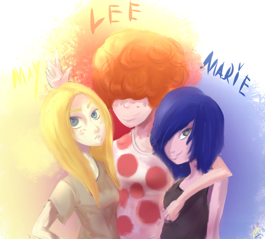 3girls, belt, black_tank_top, blonde_hair, blue_eyes, blue_hair, cartoon_network, curly_hair, ed_edd_n_eddy, grey_eyes, hug, lee_kanker, marie_kanker, matthewlok, may_kanker, multiple_girls, orange_hair, polka_dot, polka_dot_shirt, shirt, siblings, simple_background, sisters, smile, tank_top, v