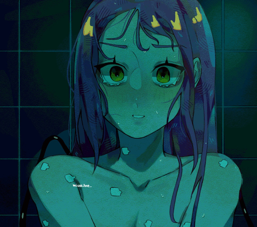 1girl, alien_stage, commentary, dark, english_commentary, highres, light_smile, long_hair, misakibee, mizi_(alien_stage), parted_lips, pink_hair, signature, solo, tile_wall, tiles, yellow_eyes