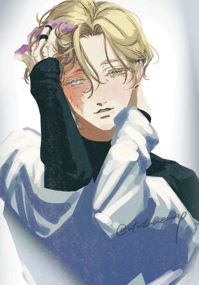1boy, alien_stage, black_shirt, blonde_hair, blue_eyes, colored_extremities, colored_eyelashes, commentary, english_commentary, hand_in_own_hair, jacket, jewelry, long_sleeves, luka_(alien_stage), male_focus, off_shoulder, ring, scar, scar_across_eye, scar_on_face, shirt, short_hair, signature, upper_body, utatanenap, white_jacket, yellow_eyes