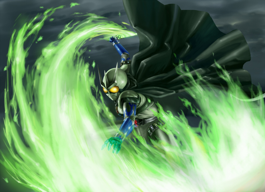 cape, fire, green_fire, kamen_rider, kamen_rider_eternal, kamen_rider_w, kuchibiru_keisuke