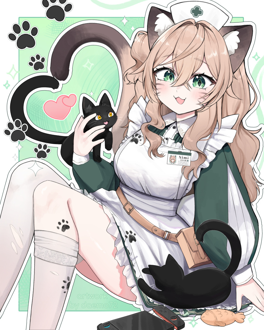 1girl, :3, animal_ears, apron, black_cat, blonde_hair, cat, cat_ears