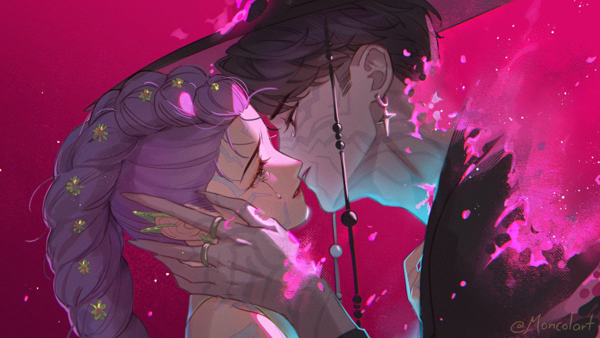 1boy, 1girl, adam's_apple, bare_shoulders, black_hair, black_robe, body_markings, braid