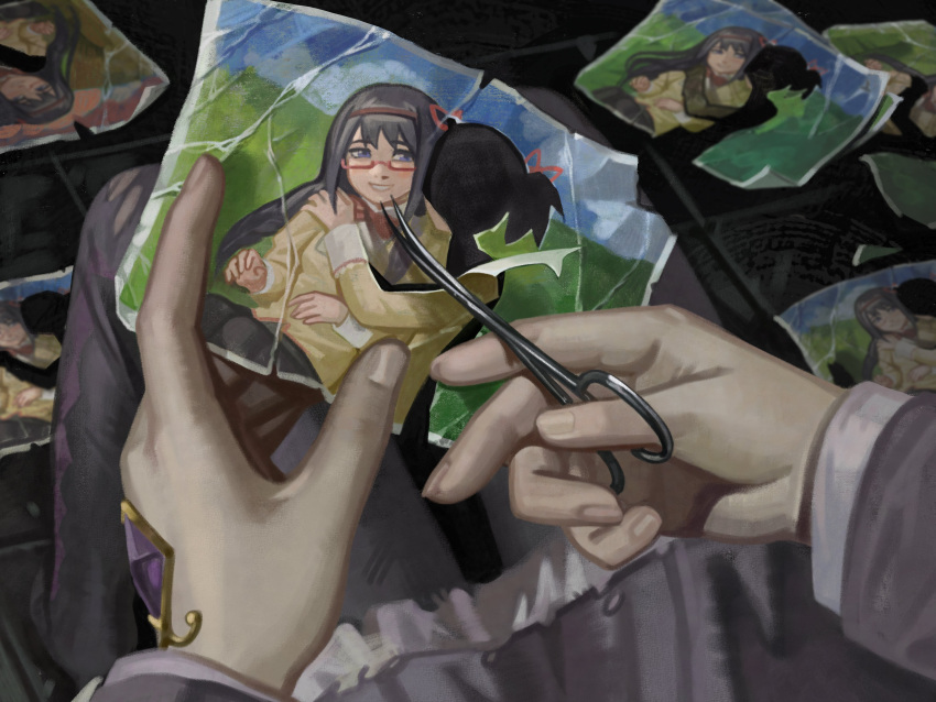 2girls, absurdres, akemi_homura, black_hair, blue_eyes, blue_sky, dress, frilled_dress, frills, glasses, grin, hair_ornament, hands_up, headband, heart, heart_hair_ornament, highres, hill, holding, holding_scissors, hug, hug_from_side, jewelry, kaname_madoka, looking_at_another, mahou_shoujo_madoka_magica, multiple_girls, photo_(object), scissors, shirt, silhouette, silverheather, sitting, sky, smile, surgical_scissors, tile_floor, tiles, too_many_papers, torn_paper, yellow_shirt