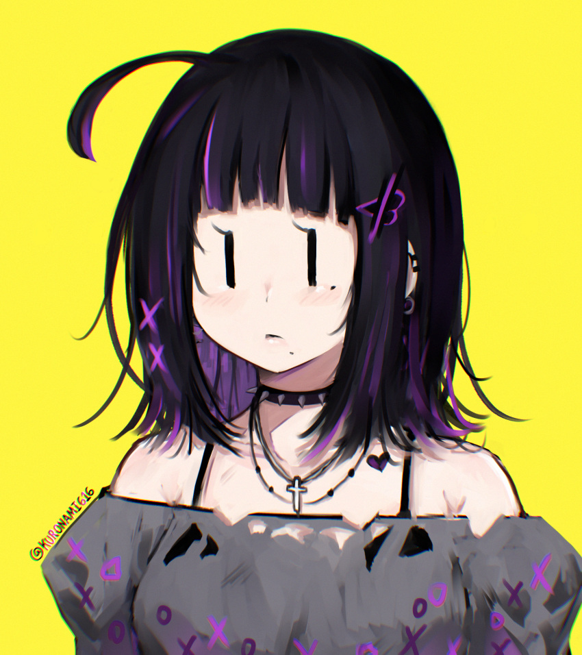 1girl, ahoge, antenna_hair, black_hair, blunt_bangs, choker, collar, cross