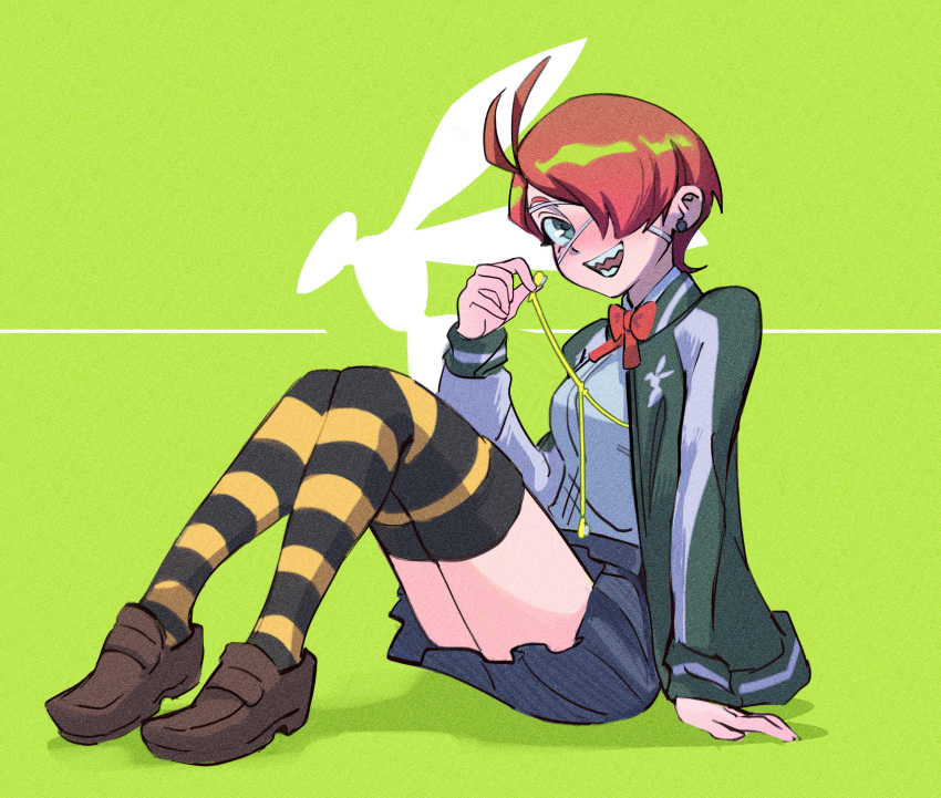 1girl, antenna_hair, boku_no_hero_academia, bow, brown_hair, brown_shoes, earphones, earphones