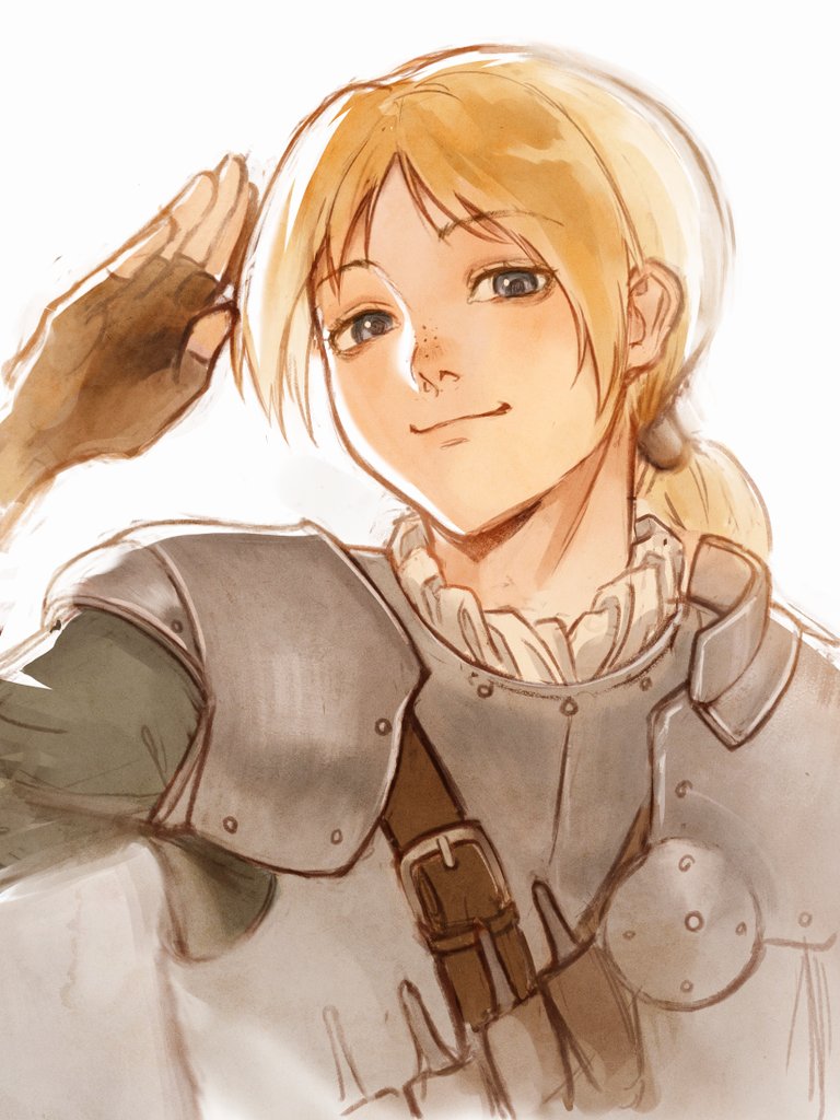 1boy, armor, berserk, blonde_hair, brown_gloves, fingerless_gloves, frilled_shirt_collar, frills