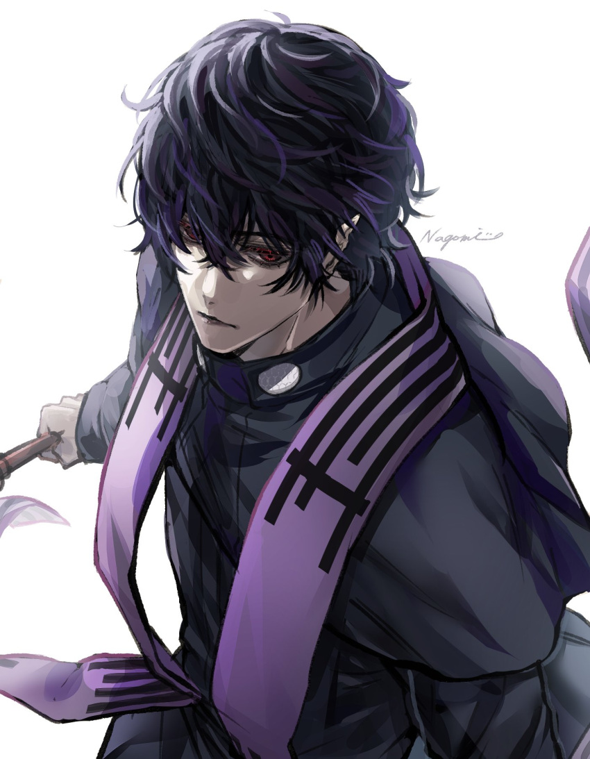 1boy, beelzebub_(shuumatsu_no_valkyrie), bident, black_hair, fingernails, goth_fashion, hair_over_one_eye, highres