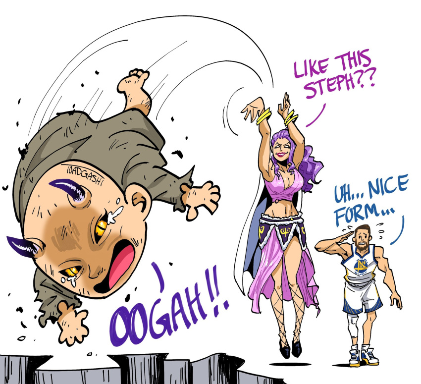 1girl, baby, black_sclera, colored_sclera, horns, loki_(one_piece), long_hair, multiple_boys, national_basketball_association, one_piece, short_hair, stephen_curry, toadgashi