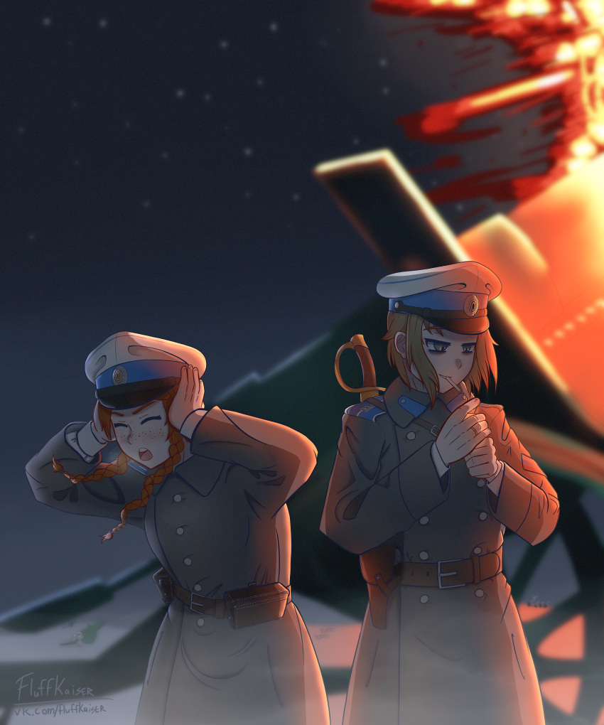 2girls, absurdres, artillery, bags_under_eyes, blonde_hair, blue_eyes, braid, cigarette