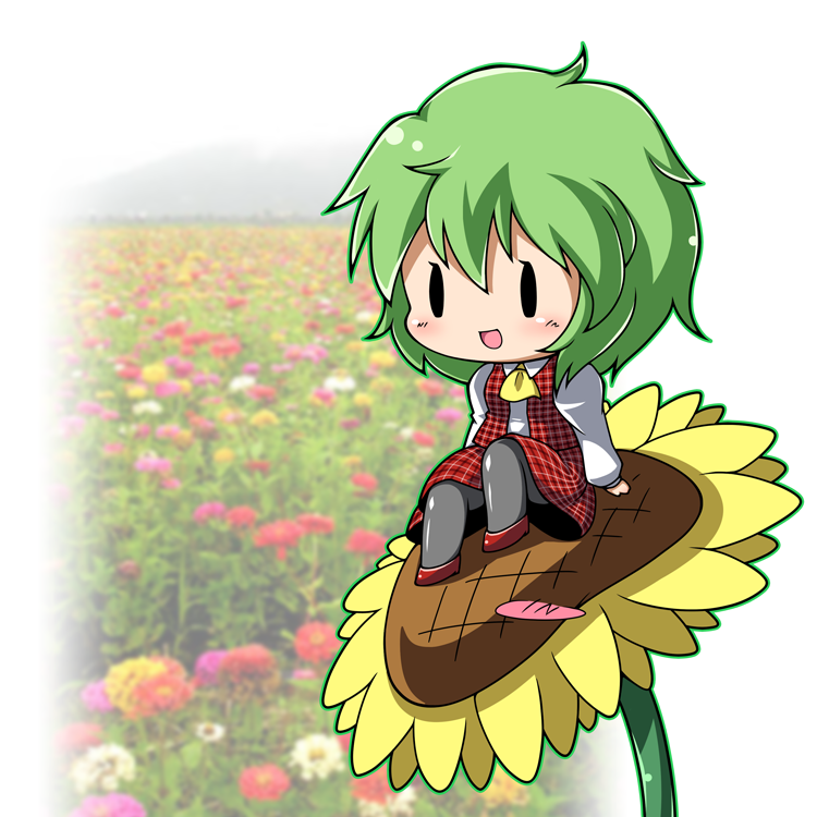 ascot, black_legwear, blush, chibi, dress, flower, green_eyes, green_hair