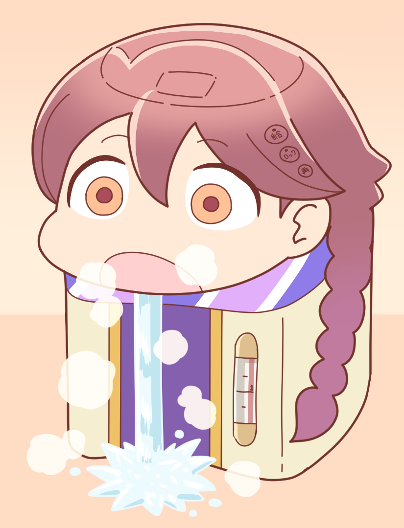 1girl, apocalypse_hotel, brown_hair, commentary_request, objectification, open_mouth, orange_background, orange_eyes