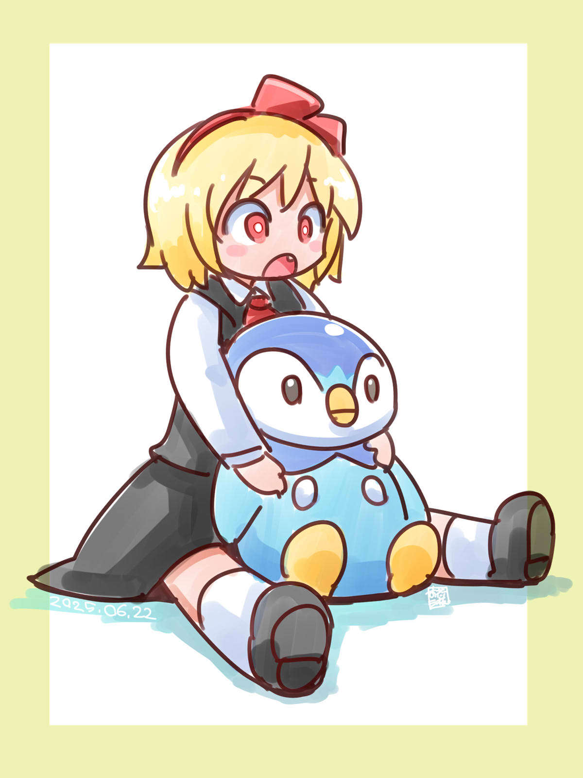 1girl, black_shoes, black_skirt, black_vest, blonde_hair, blush_stickers, bow, bright_pupils