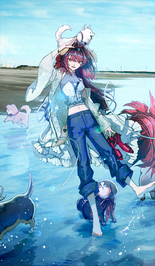 1girl, :d, animal_ears, animal_on_head, arm_at_side, arm_up, barefoot, beach
