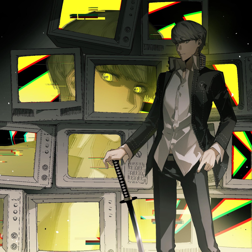 1boy, black_jacket, black_pants, dark_background, dual_persona, glitch, grey_eyes, grey_hair