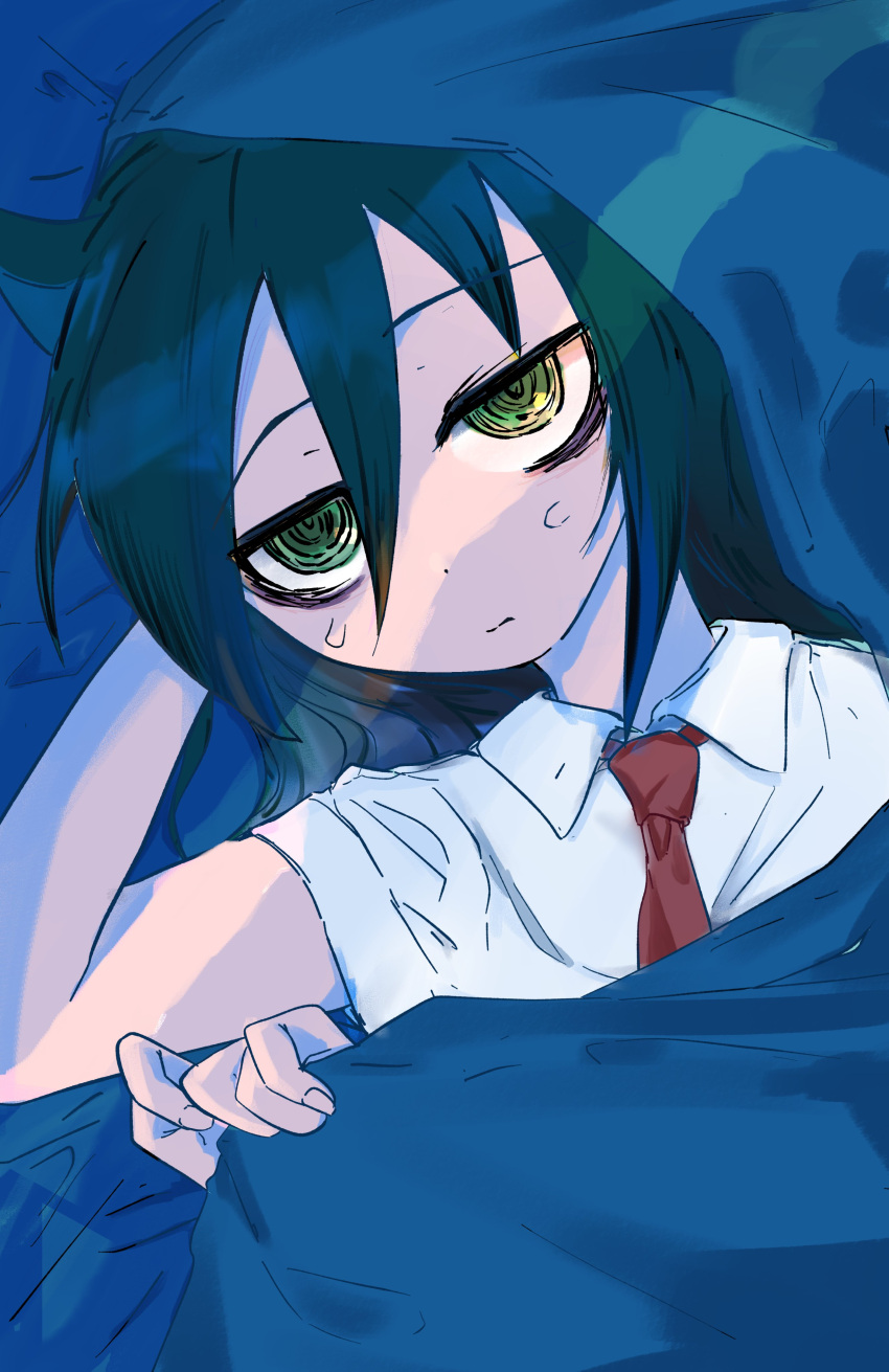 1girl, 5_rebbeccas, absurdres, arm_behind_head, black_hair, blanket, closed_mouth, collared_shirt