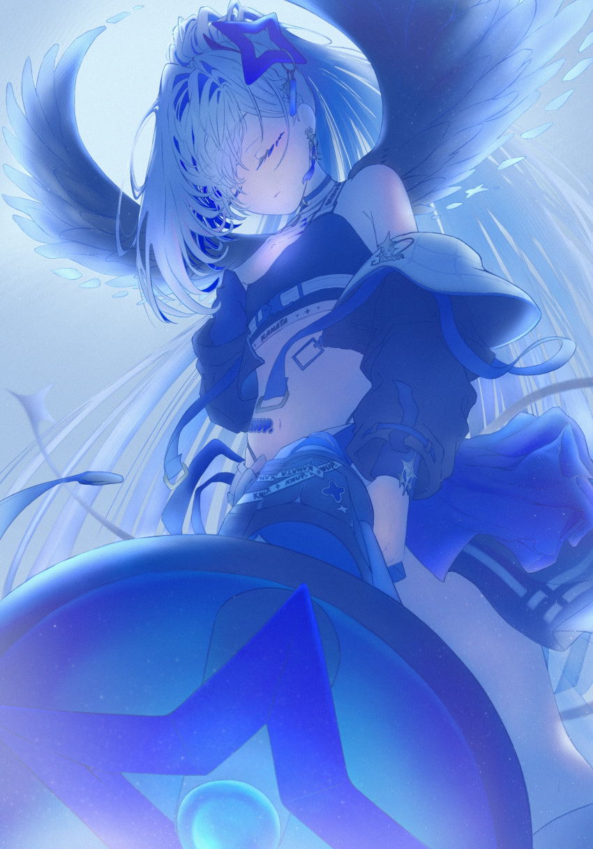 1girl, amane_kanata, amane_kanata_(lock_on), belt, black_choker, black_jacket, black_sports_bra, bloom, blue_hair, blue_halo, blue_trim, blue_wings, braid, braided_bangs, breasts, choker, closed_eyes, closed_mouth, colored_eyelashes, criss-cross_straps, earrings, gradient_wings, grey_hair, guuuuuu41, half-skirt, halo, hand_on_own_chest, highleg, highleg_panties, highres, holding, holding_megaphone, hololive, jacket, jewelry, light_smile, long_hair, megaphone, messy_hair, mini_wings, multicolored_hair, multicolored_wings, navel, official_alternate_costume, open_clothes, open_jacket, panties, panty_straps, ponytail, shorts, single_earring, single_hair_intake, small_breasts, solo, sports_bra, star_halo, stomach_tattoo, streaked_hair, tassel, tassel_earrings, tattoo, underwear, virtual_youtuber, white_belt, wings