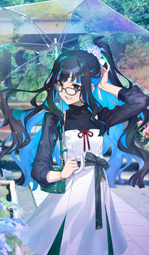 1girl, bag, bangle, belt, black_eyes, black_hair, blue_hair, blunt_bangs