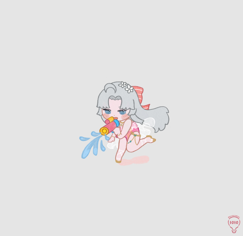 1010_(wuthering1100), 1girl, ahoge, artist_name, bare_legs, blue_eyes, bow, carlotta_(splashing_summer)_(wuthering_waves)