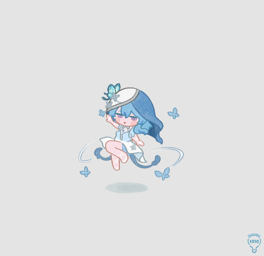 1010_(wuthering1100), 1girl, artist_name, blue_butterfly, blue_hair, blue_veil, bug, butterfly, chibi, chibi_only, colored_eyelashes, commentary_request, dress, floating, grey_background, hair_between_eyes, highres, long_hair, looking_at_viewer, midair, parted_lips, shorekeeper_(wuthering_waves), simple_background, smile, solo, two-tone_veil, veil, violet_eyes, white_dress, white_veil, wuthering_waves