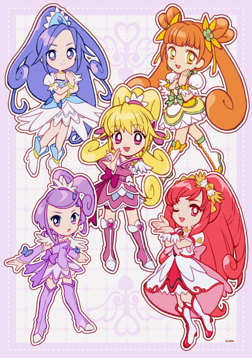5girls, aida_mana, back_bow, bare_legs, blonde_hair, blue_brooch, blue_dress, blue_gemstone