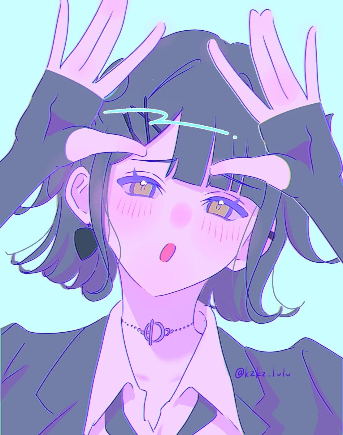 1girl, :o, black_jacket, black_necktie, blue_background, collared_shirt, commentary_request, double_\||/