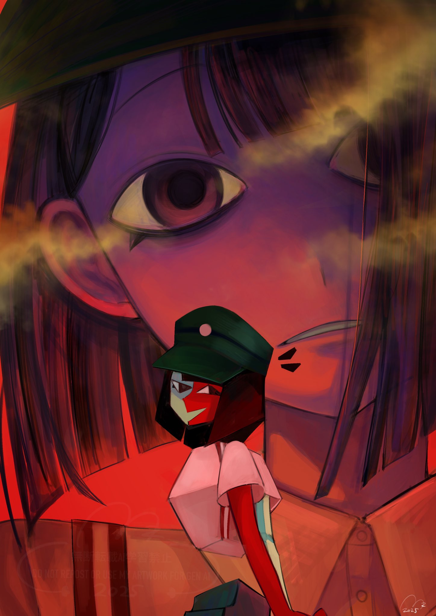 2girls, black_eyes, black_hair, blunt_bangs, blunt_ends, bob_cut, colored_skin, ena:_dream_bbq