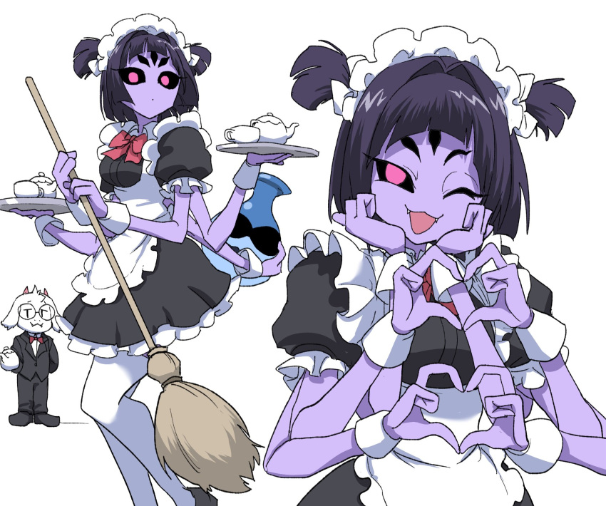 1boy, 1girl, apron, arthropod_girl, black_dress, broom, colored_skin, deltarune